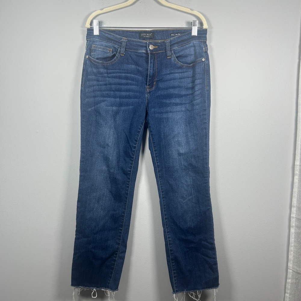 Judy Blue Straight Fit Jeans Womens 11 / 30 Dark Wash Raw Hem JB82356DK Crop